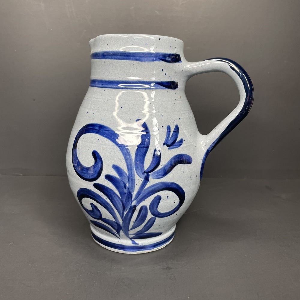 Vtg Blue Glazed Pitcher Artist‎ Signed & Numbered Textured Design Floral
